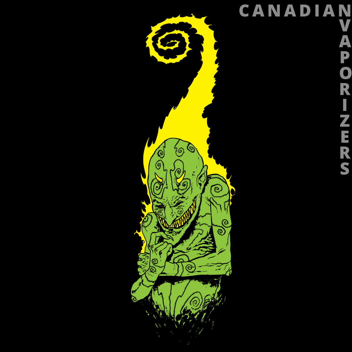 Gear Premium 12" Goblin Beaker Base Water Pipe *Creature - Green goblin creature graphic with a curled yellow tail and Canadian Vaporizers lettering on black.