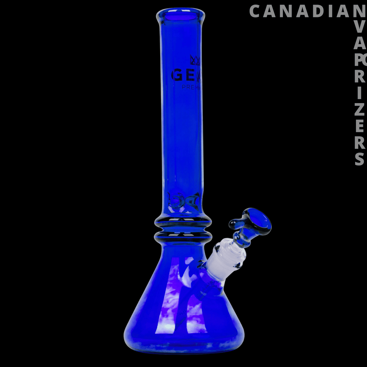 Gear Premium | 12" Tall Freaker Beaker Tube - Blue glass beaker tube with a tall cylindrical neck, flared base, and angled side mouthpiece.