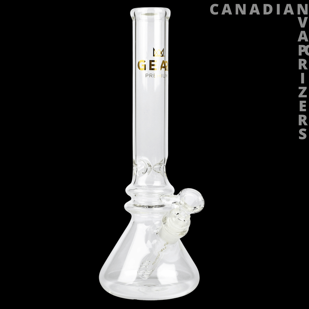 Gear Premium | 12" Tall Freaker Beaker Tube - Clear glass 12-inch beaker bong with a flared base, side-mounted bowl, and gold Gear logo.