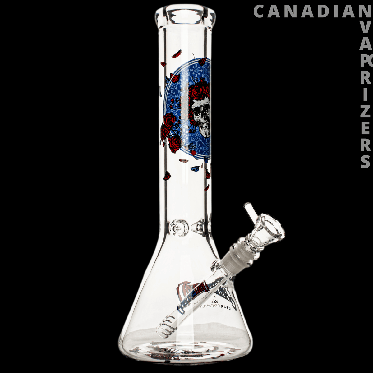 Gear Premium  13” 7mm Thick Bertha Beaker Base Water Pipe - Clear glass beaker water pipe with 7mm-thick walls, angled joint, and blue-red graphic accents.