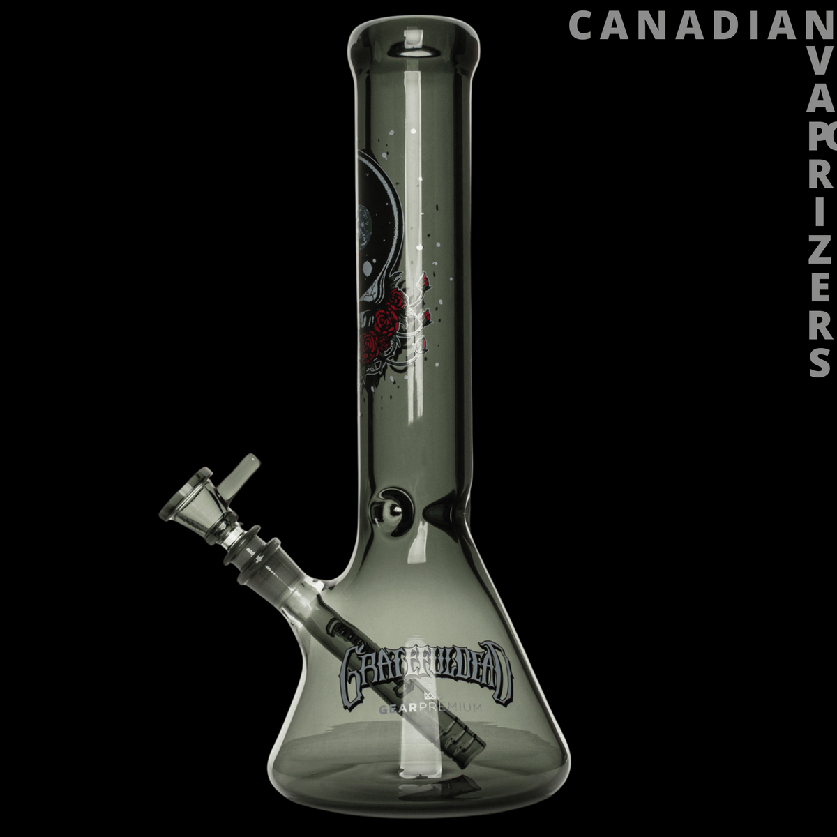 Gear Premium 13” 7mm Thick Space Your Face Beaker Base Water Pipe - Smoke-gray glass beaker water pipe with a red-and-white graphic, angled joint, and thick base.