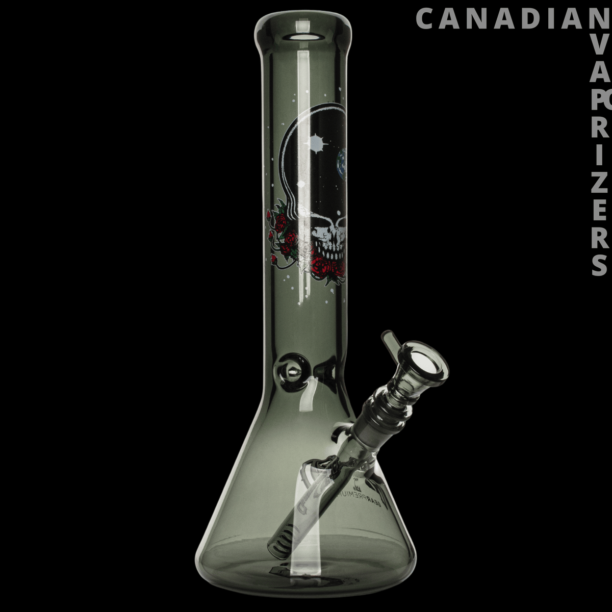 Gear Premium 13” 7mm Thick Space Your Face Beaker Base Water Pipe - Smoky glass beaker water pipe with a moon-and-skull graphic, angled stem, and thick base.