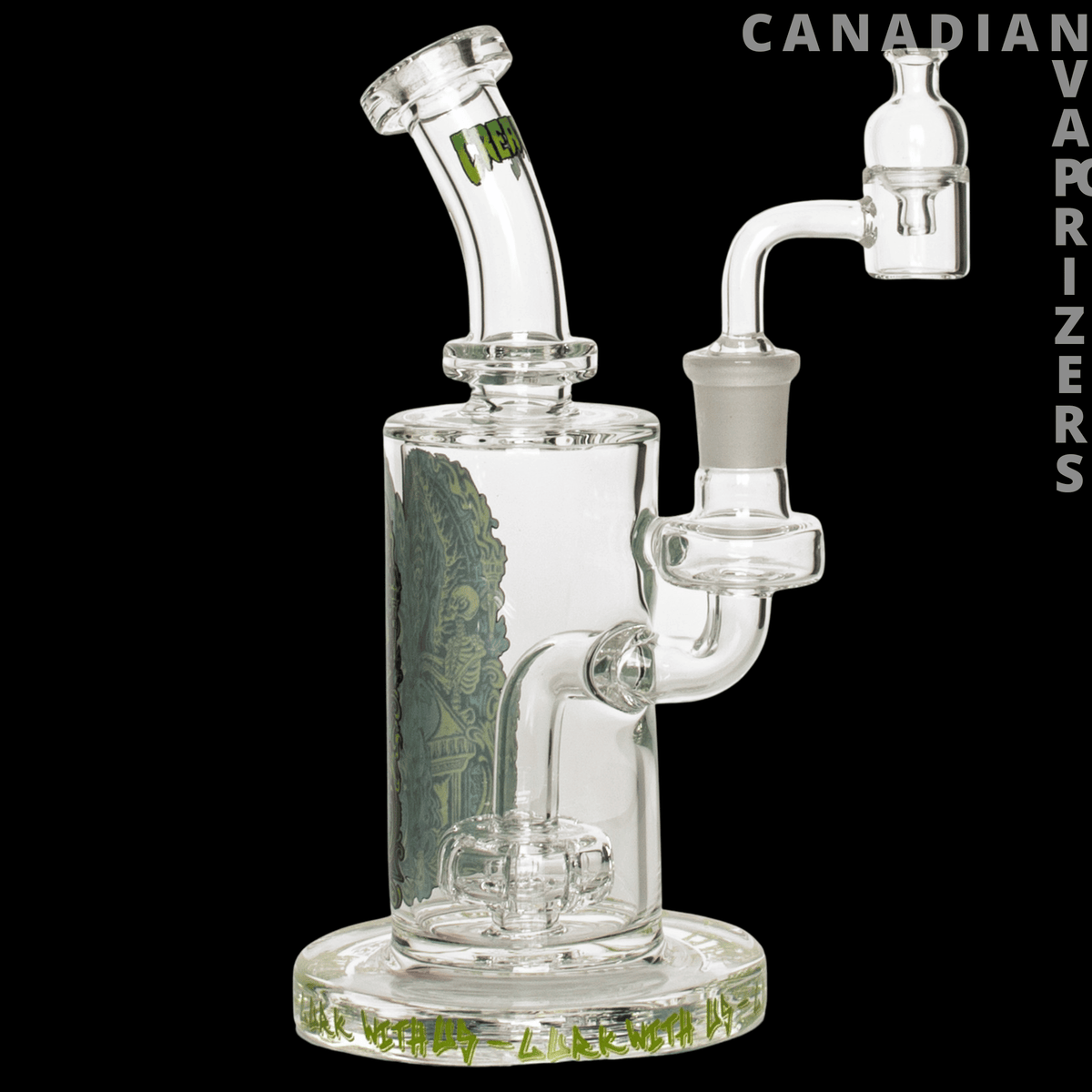 Gear Premium 7.5" Sacrifice Concentrate Rig - Clear glass concentrate rig with a smoke-colored chamber, curved neck, and intricate side attachment.