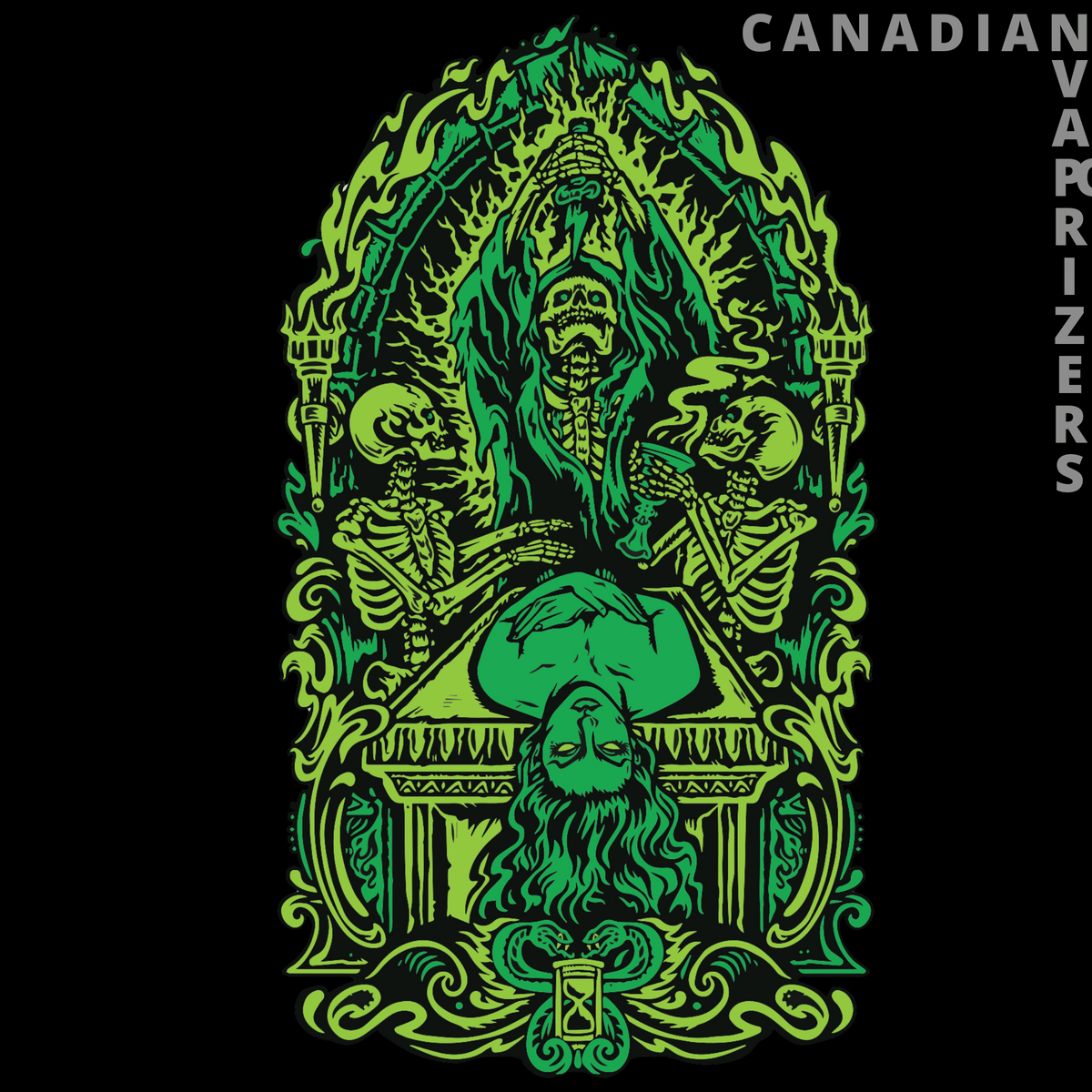 Gear Premium 7.5" Sacrifice Concentrate Rig - Green and yellow illustrated skull-and-skeleton artwork with ornate scrollwork on a black background.