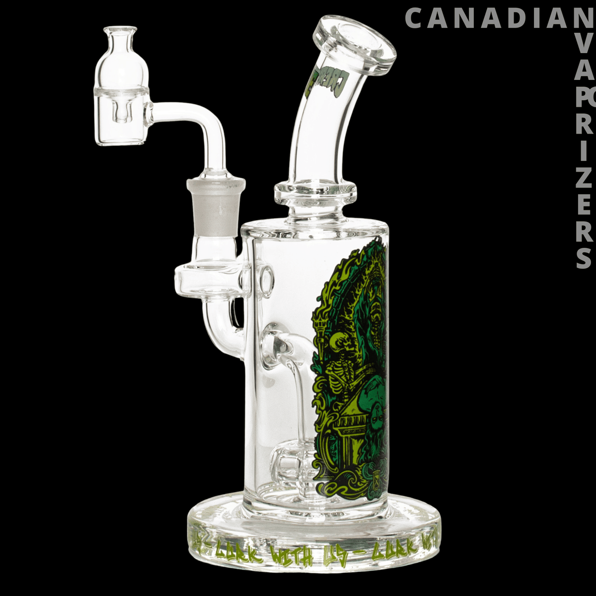 Gear Premium 7.5" Sacrifice Concentrate Rig - Clear glass concentrate rig with a curved mouthpiece, side attachment, and green-and-black patterned chamber and base.