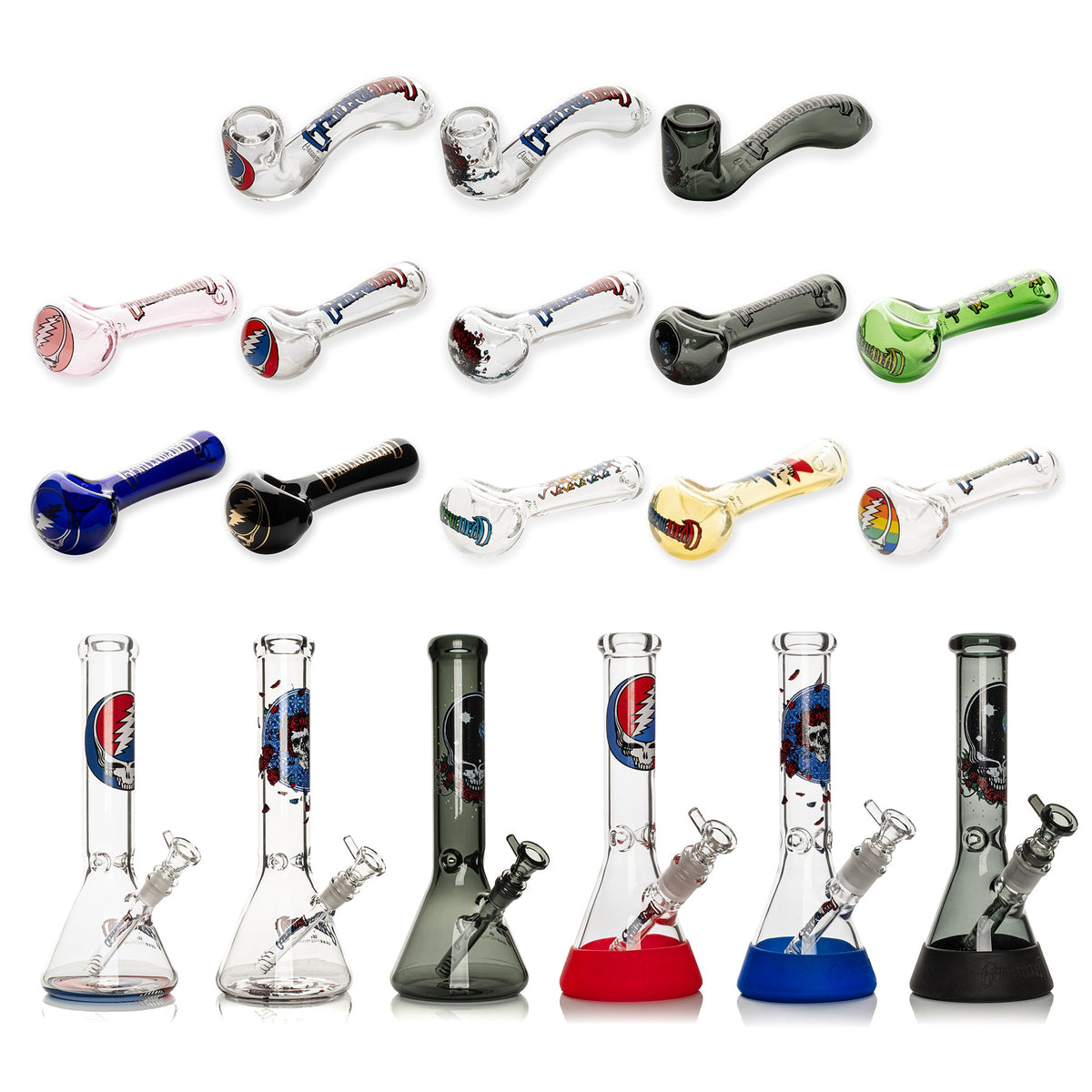 Grateful Dead Weed Pipe + Bong Bundle - Assorted Grateful Dead glass pipes and bongs in clear, black, green, red, and blue, with colorful character graphics.