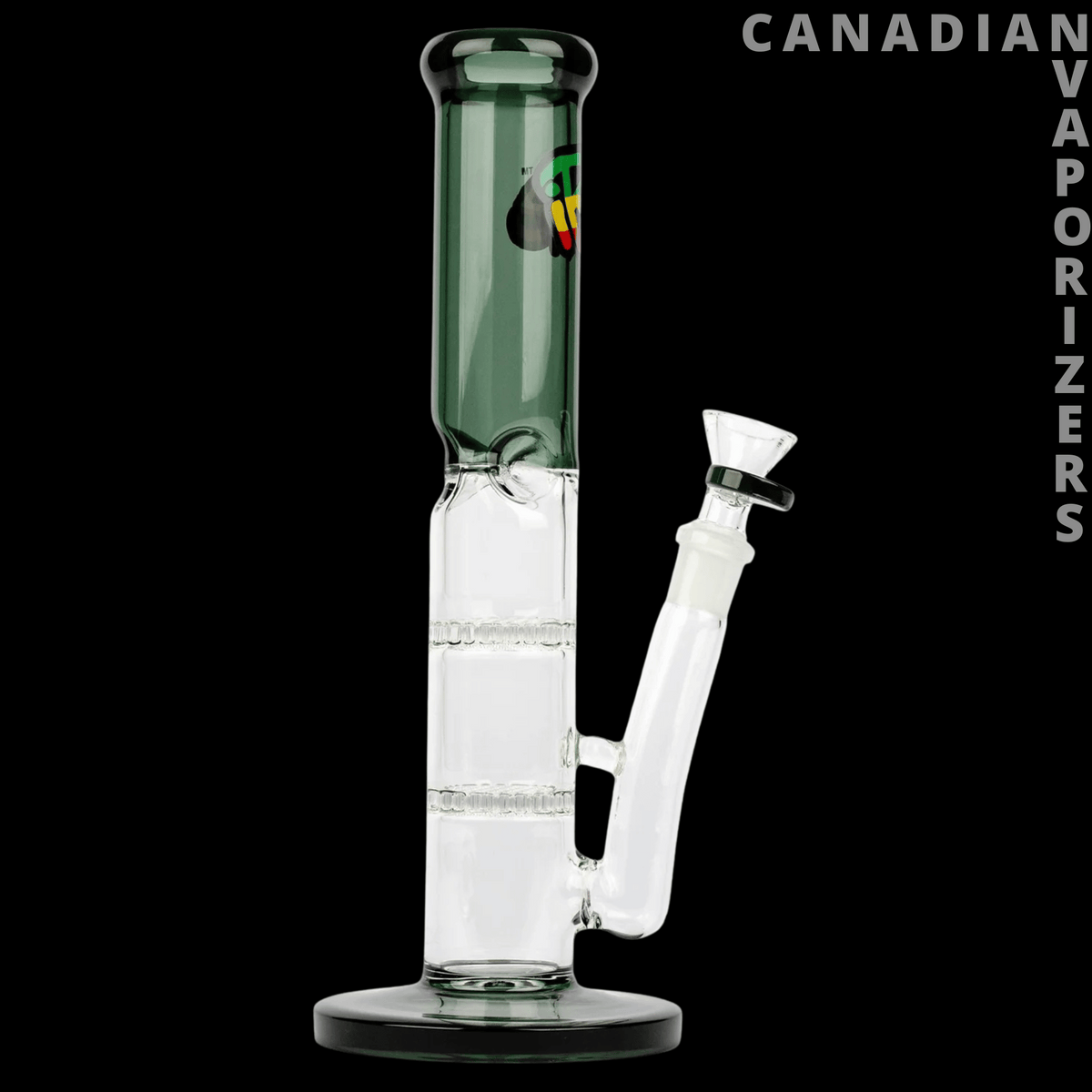iRie 10" Turks Straight Tube - 10-inch green glass straight tube with a clear chamber, white angled neck, and round black base.