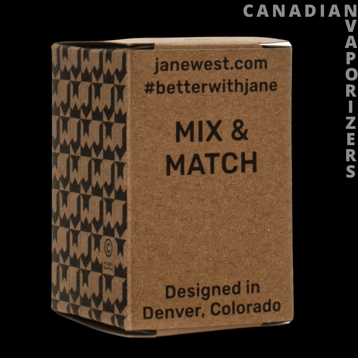 Jane West 14mm Twenties Collection Pull-Out - Brown Jane West Mix &amp; Match cardboard box with black geometric patterns and “Designed in Denver, Colorado” text.