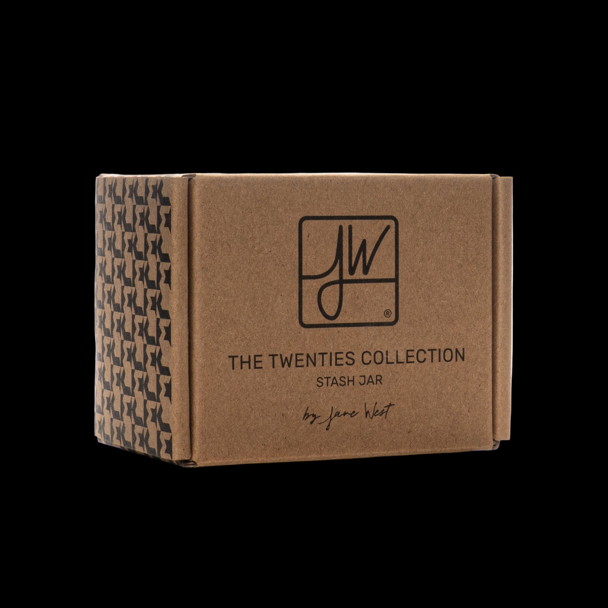 Jane West 3" Twenties Collection Stash Jar - Brown cardboard Jane West Twenties Collection stash jar box with a black logo and geometric side pattern.