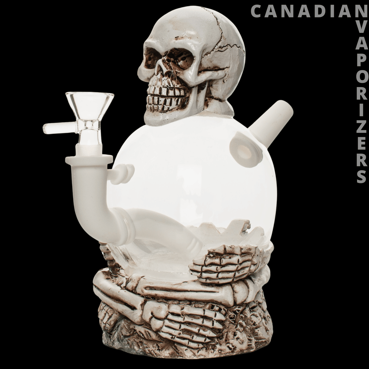 Lit Silicone 7.5" Skull Bubbler - White silicone skull bubbler with a bone-textured base, upright bowl, and angled mouthpiece.