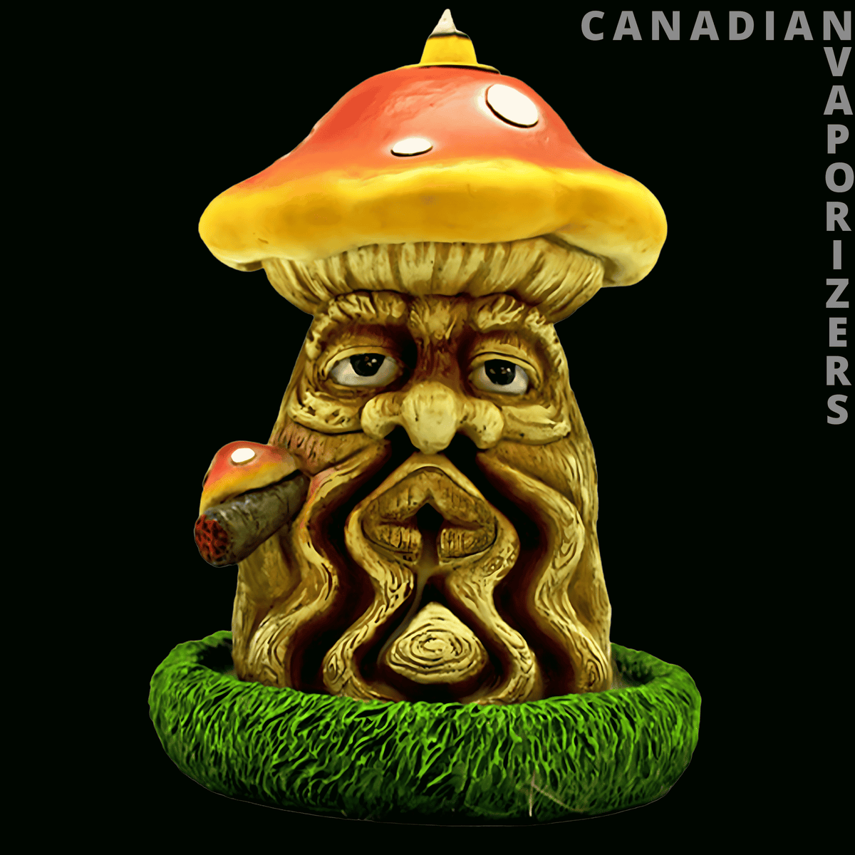 Mushroom Man Backflow Incense Burner - Detailed mushroom man incense burner with a yellow-and-orange cap, carved face, green grass base, and side mushroom.