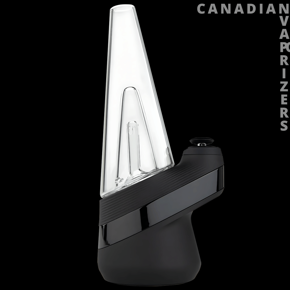 Puffco New Peak - Black Puffco New Peak vaporizer with a clear tapered glass water chamber and angled base.