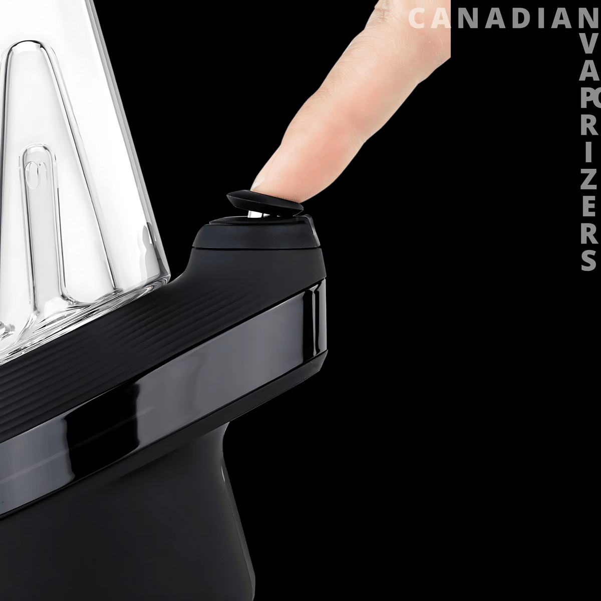 Puffco New Peak - Glossy black Puffco Peak vaporizer with a fingertip pressing its top button and a clear glass attachment.