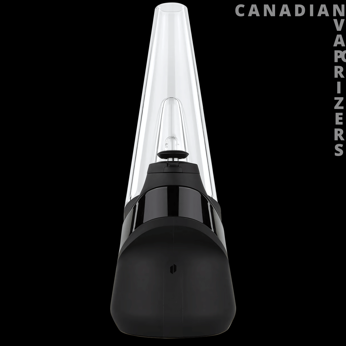 Puffco New Peak - Black Puffco Peak vaporizer with a clear tapered glass top and sleek rounded base.