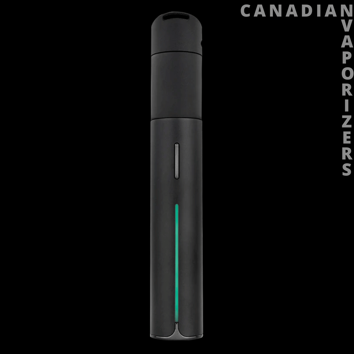 Puffco Pivot - Matte black Puffco Pivot vaporizer with a slim cylindrical body and turquoise vertical accent light.
