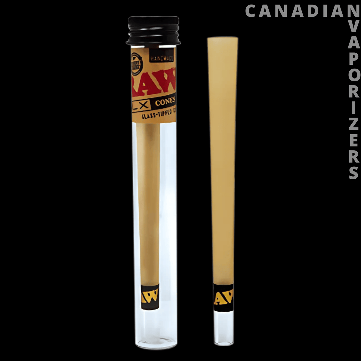 Raw DLX Cannon Glass-Tipped Cones (Display of 12) - Two RAW DLX Cannon cones with tan paper, clear glass tips, and black-and-yellow labels in a display tube.