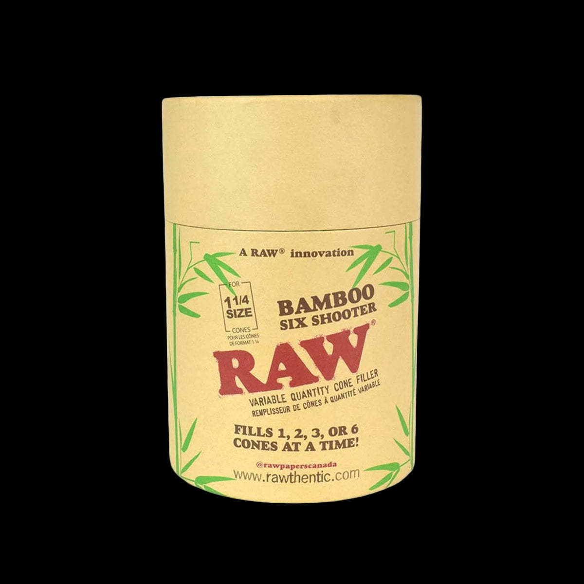 Raw 1¼ Bamboo Six Shooter - Raw Bamboo Six Shooter rolling paper cone filler with a tan and green label and red Raw logo.