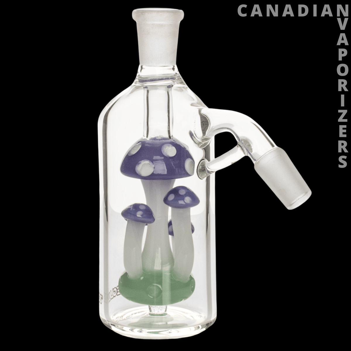 Red Eye Glass 14mm 45 Degree Amanita Ash Catcher - Clear glass ash catcher with purple mushroom accents, a green base, and a 45-degree joint.