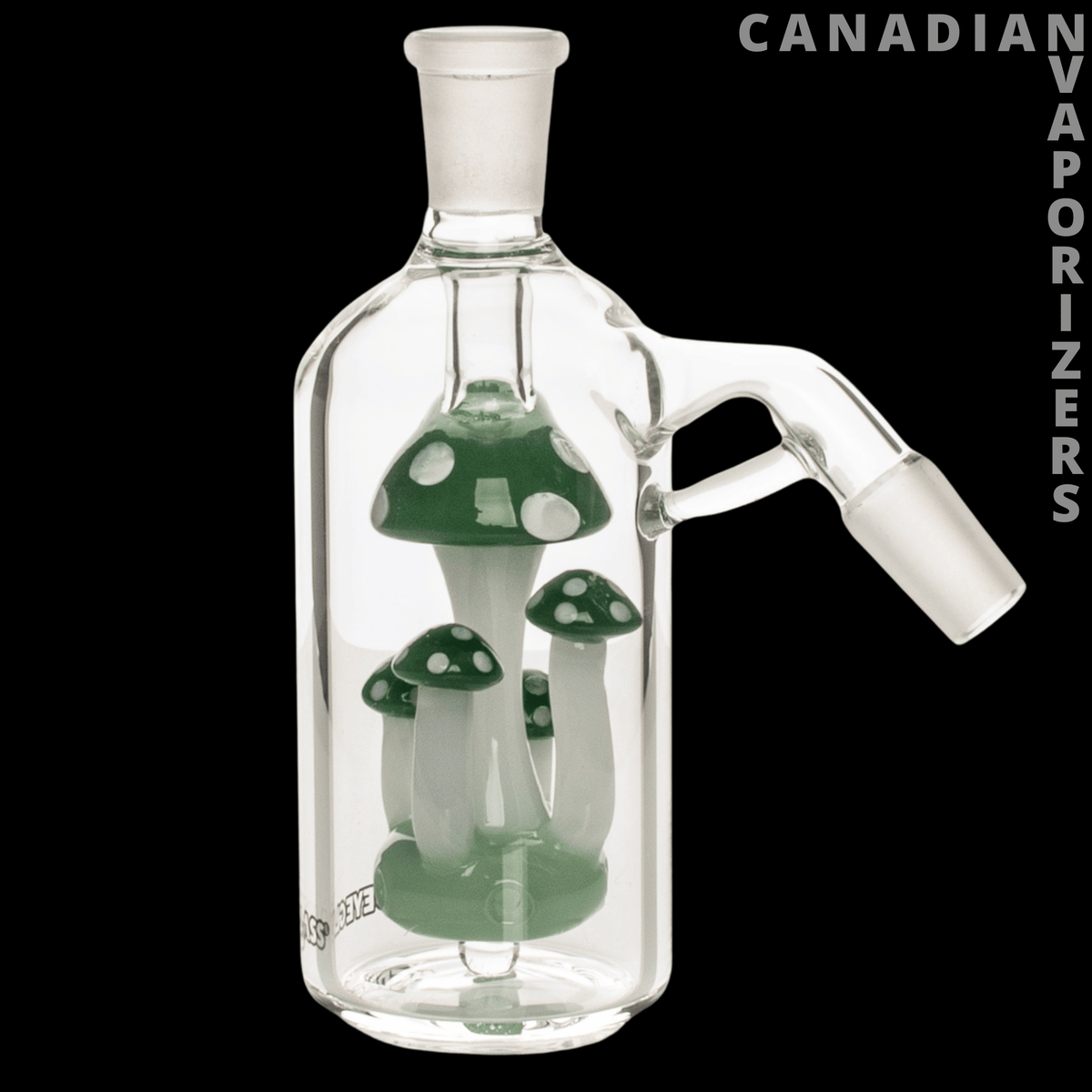 Red Eye Glass 14mm 45 Degree Amanita Ash Catcher - Clear glass 45-degree ash catcher with green mushroom accents and a side joint.