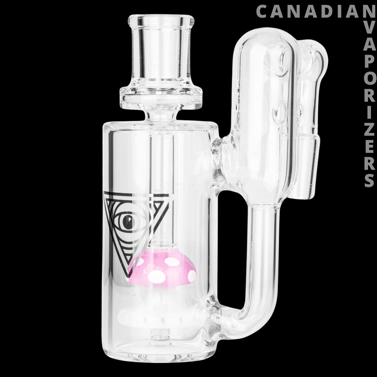 Red Eye Glass 14mm 90 Degree Funguy Recycling Ash Catcher - Clear glass 90-degree recycling ash catcher with a pink spotted mushroom percolator and bold black eye design.