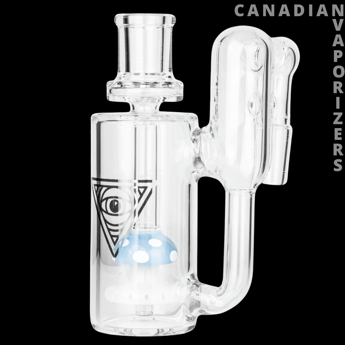 Red Eye Glass 14mm 90 Degree Funguy Recycling Ash Catcher - Clear glass recycling ash catcher with a blue mushroom accent, cylindrical chamber, and tall looped side tube.