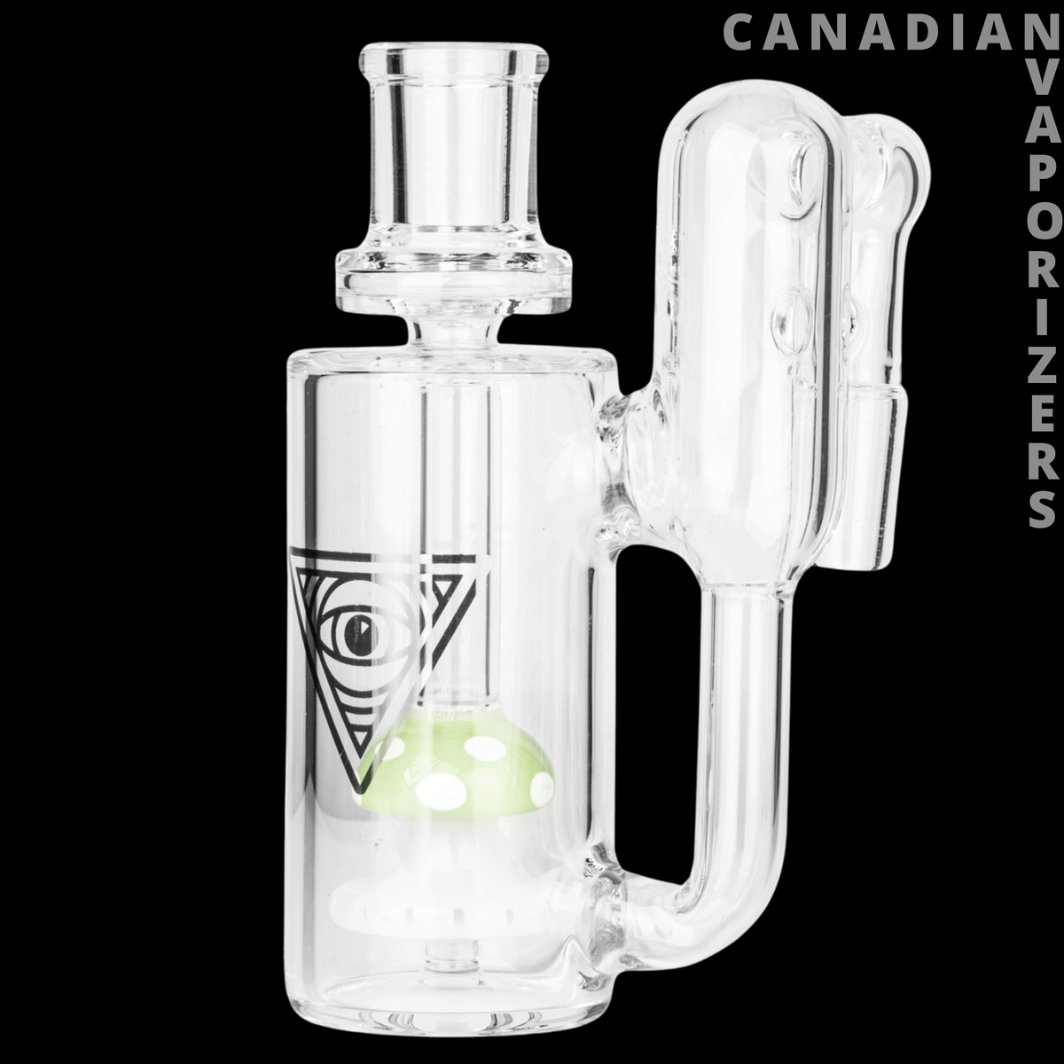 Red Eye Glass 14mm 90 Degree Funguy Recycling Ash Catcher - Clear glass 90-degree recycler ash catcher with a green mushroom-shaped percolator and eye logo.