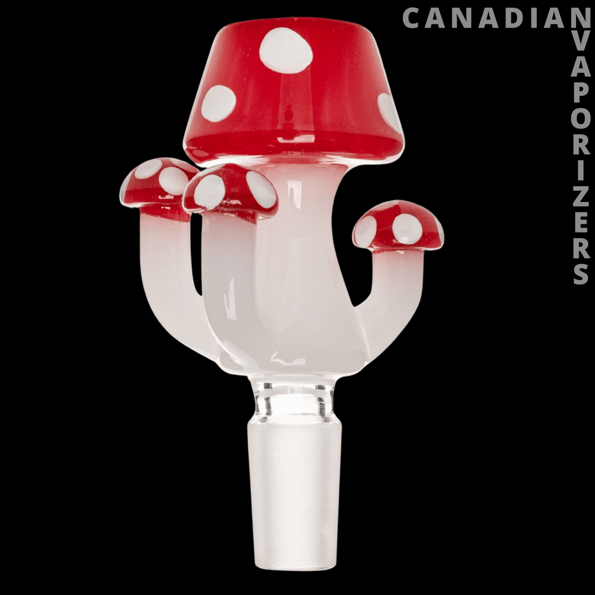 Red Eye Glass 14mm Amanita Pull-Out - Red glass amanita mushroom pull-out bowl with white spots and a clear stem.