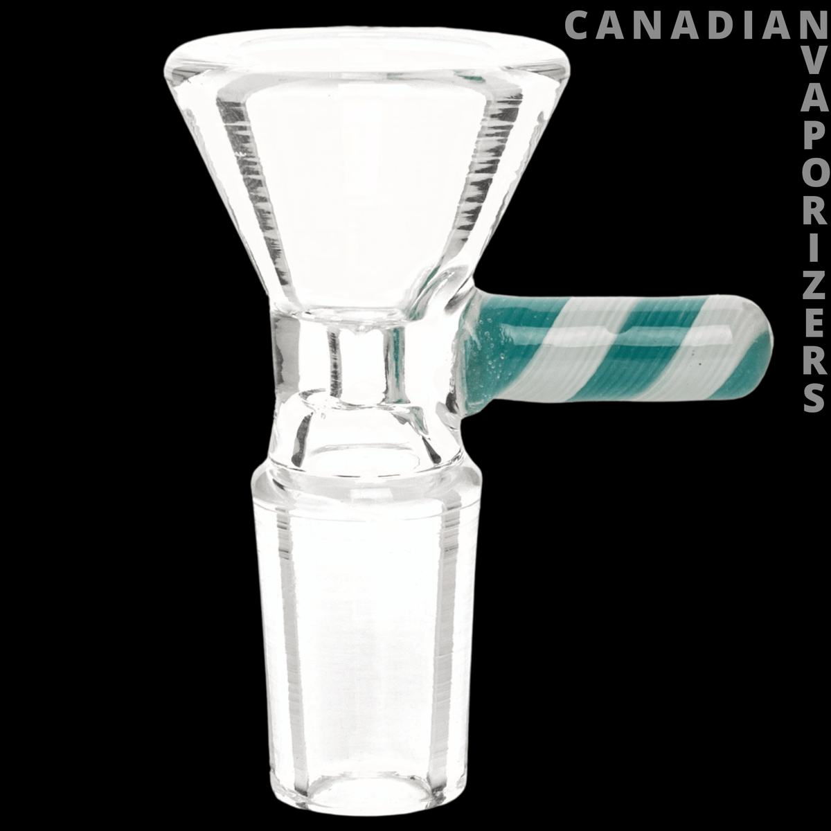Red Eye Glass 14mm Candy Stripe Handle Pull-Out - Clear glass pull-out bowl with a flared rim and teal-and-white striped side handle.