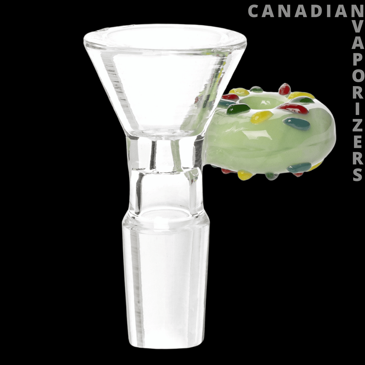 Red Eye Glass 14mm Donut Handle Pull-Out - Clear glass 14mm pull-out bowl with a flared funnel and green donut-shaped handle dotted with colorful accents.