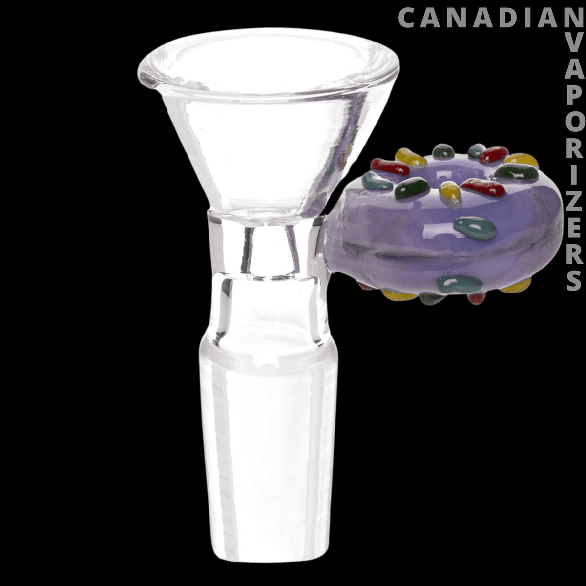 Red Eye Glass 14mm Donut Handle Pull-Out - Clear glass pull-out bowl with a flared rim and purple donut handle decorated with colorful glass accents.