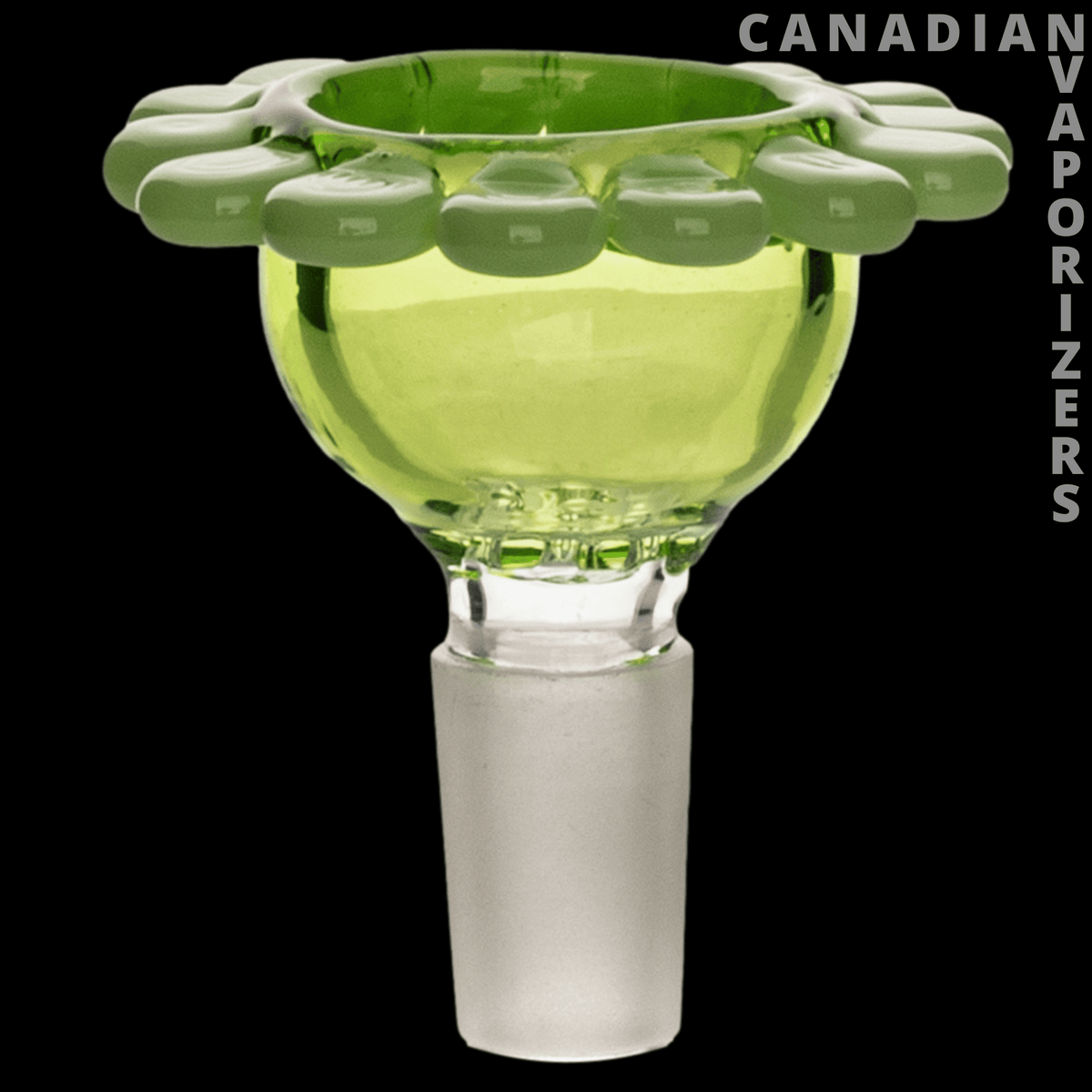 Red Eye Glass 14mm Flower Pull-Out - Green glass 14mm pull-out bowl with a translucent flower-shaped rim and frosted stem.