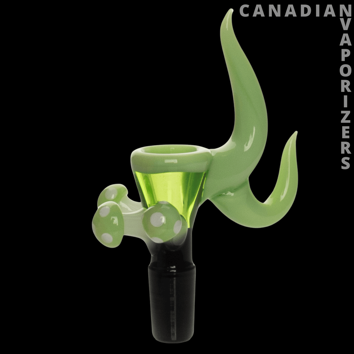 Red Eye Glass 14mm Mushroom Cluster Pull-Out - Light green mushroom cluster glass pull-out bowl with rounded spotted details and a black stem.