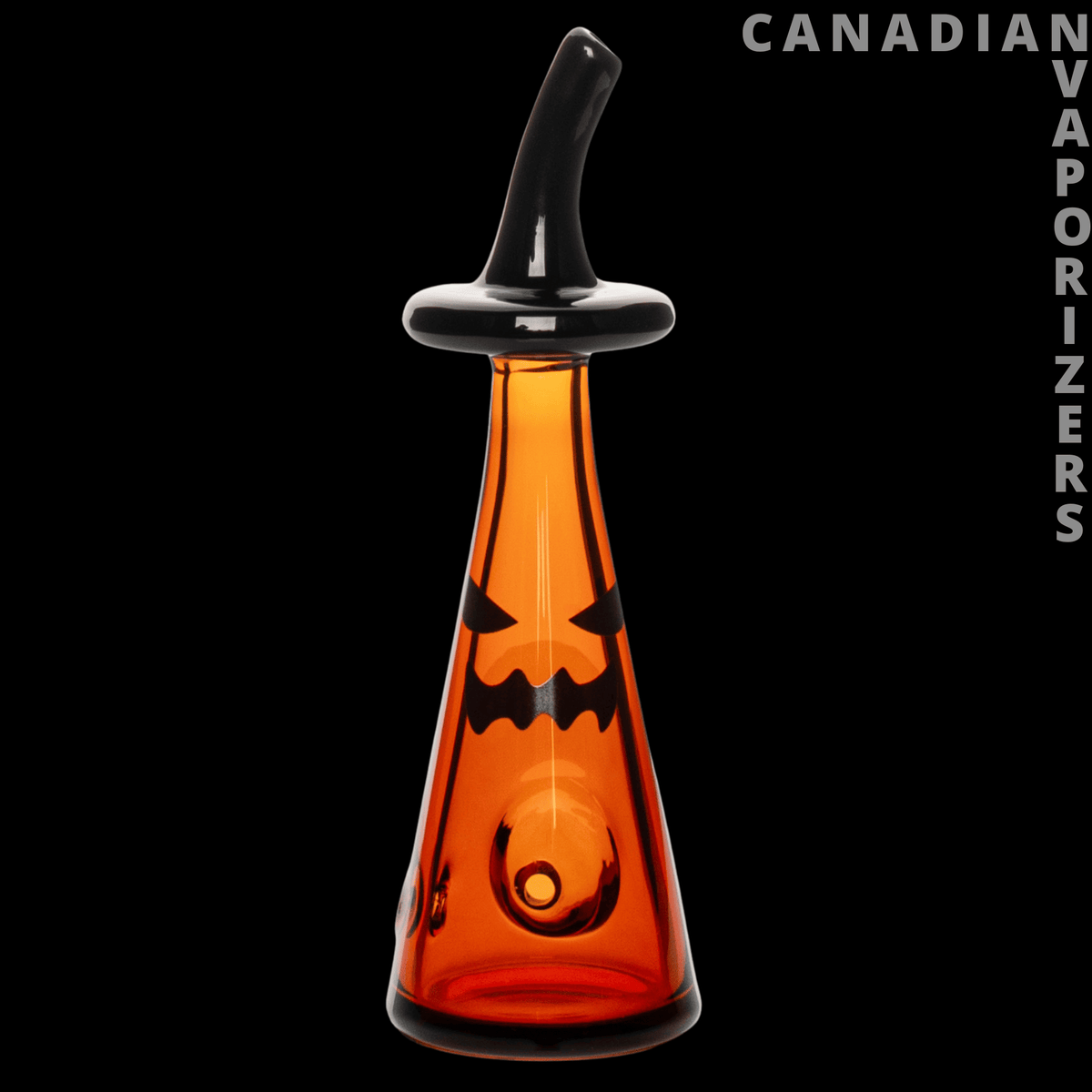 Red Eye Glass 5" Halloween Jack Hand Pipe - Orange glass Halloween hand pipe with a black jack-o’-lantern face and curved black mouthpiece.