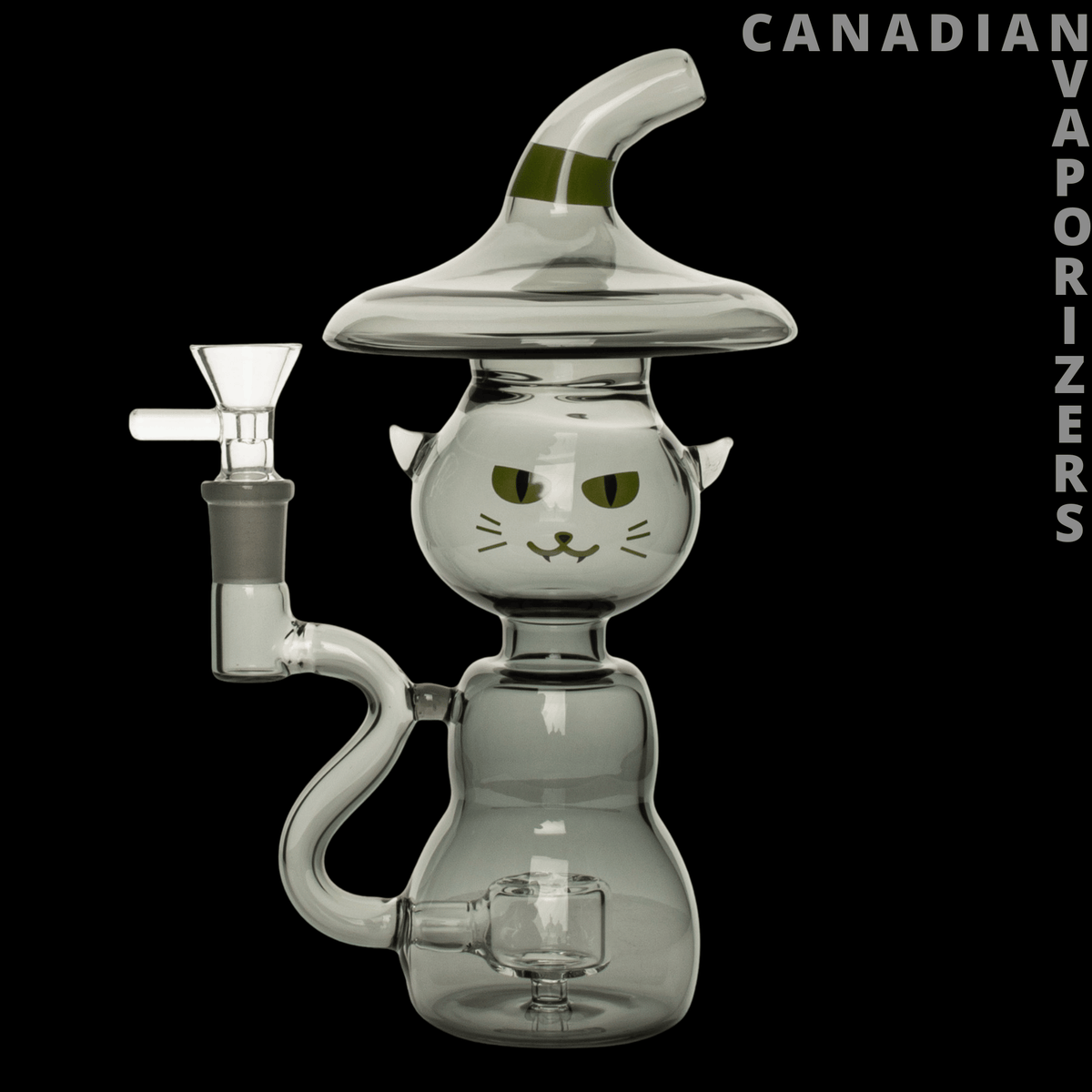 Red Eye Glass 8" Black Cat Bubbler - Clear glass cat-shaped bubbler with a wide mushroom-style hat, green eyes, and a curved side tube.