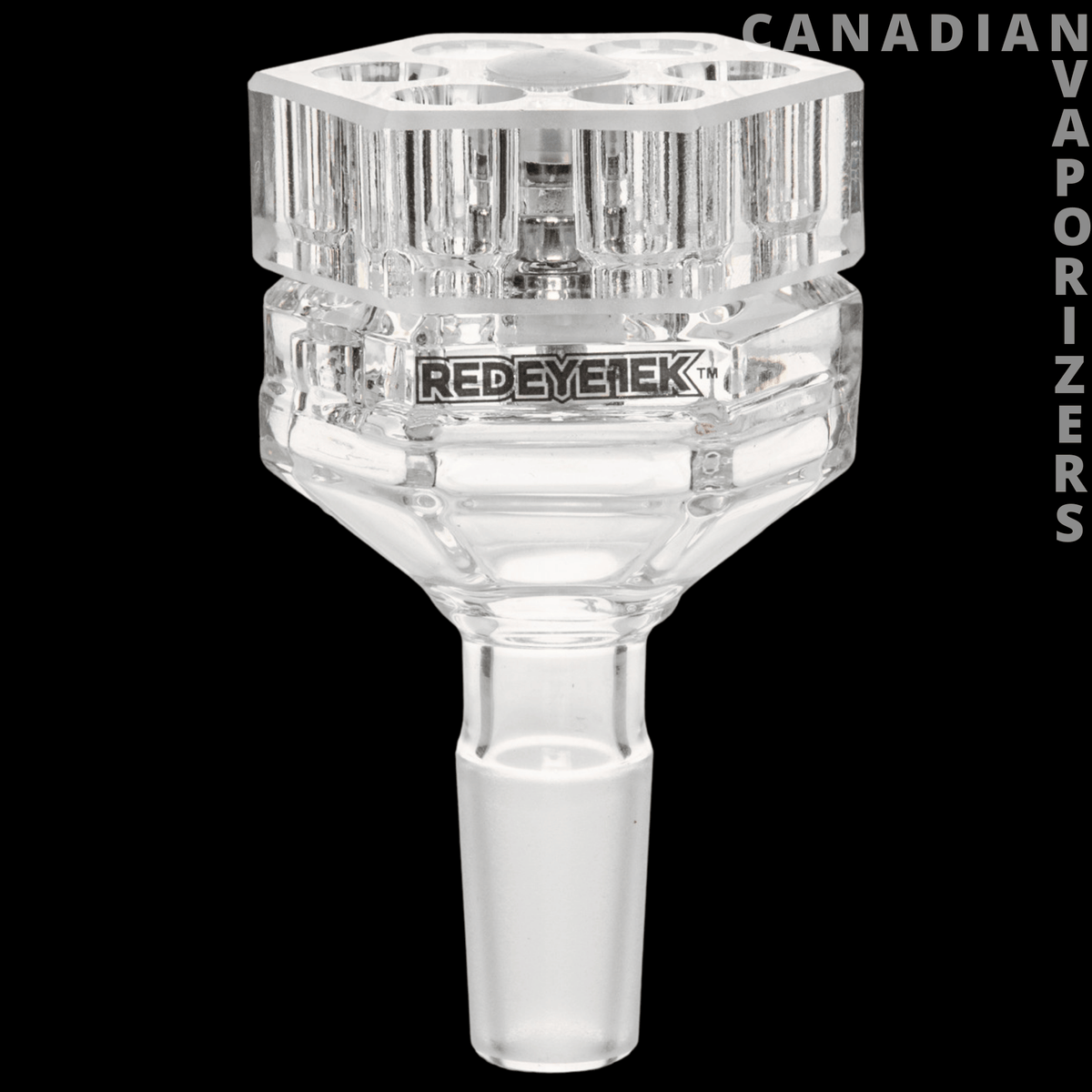 Red Eye Tek 14mm Revolution Pull-Out V2 - Clear glass 14 mm pull-out bowl with a faceted chamber and Red Eye Tek logo.