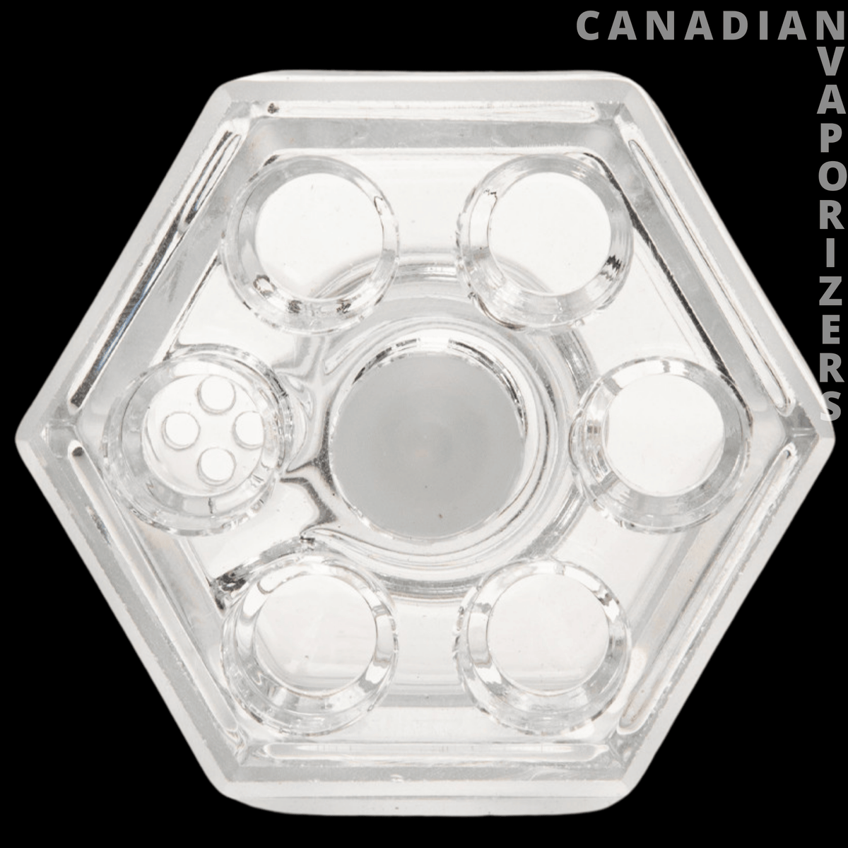 Red Eye Tek 14mm Revolution Pull-Out V2 - Clear hexagonal glass bong bowl with a central chamber and five circular cutouts.