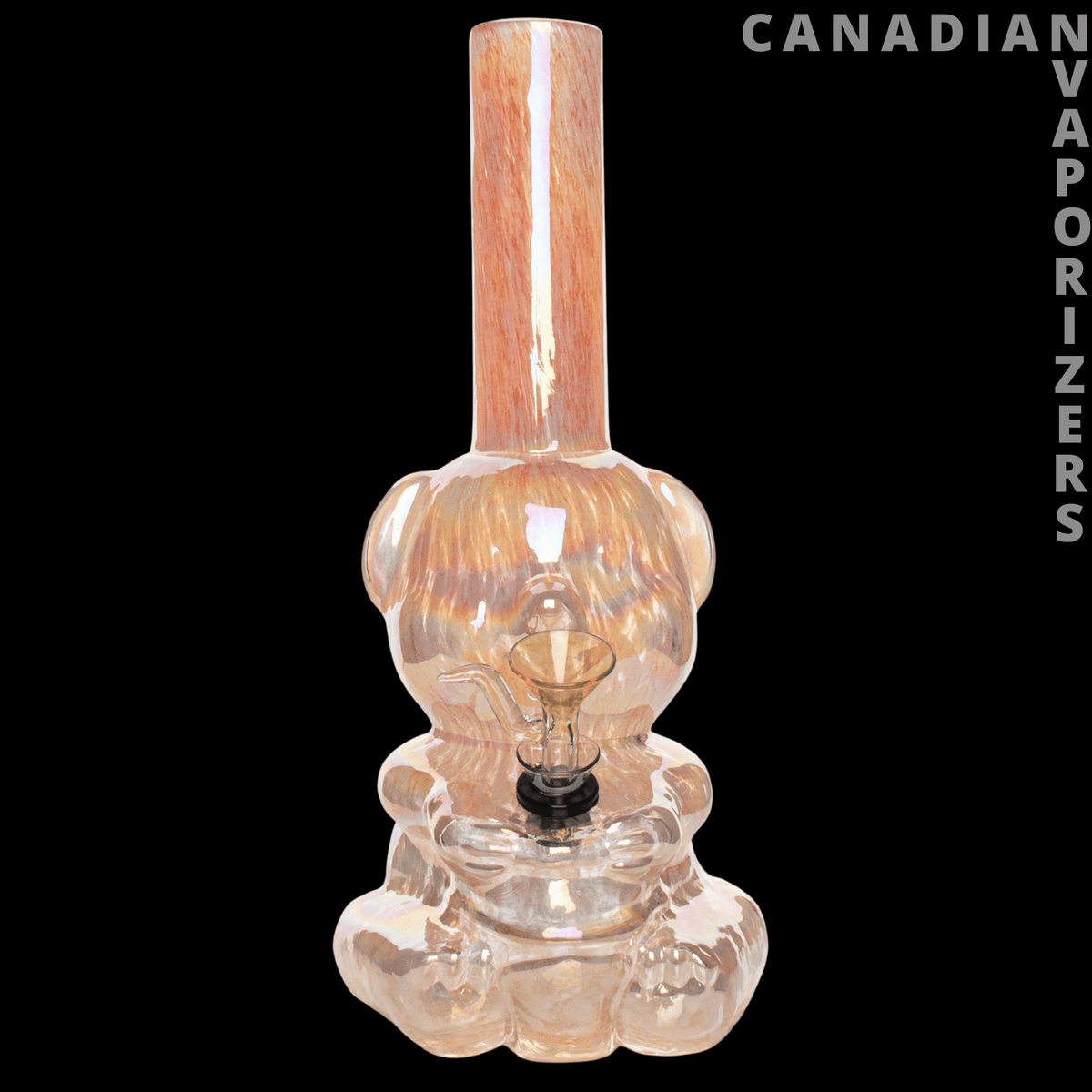 Retro Glass 10" Platinum Metallic Bear Water Pipe - Clear glass bear-shaped water pipe with a tall copper-toned stem and metallic accents.