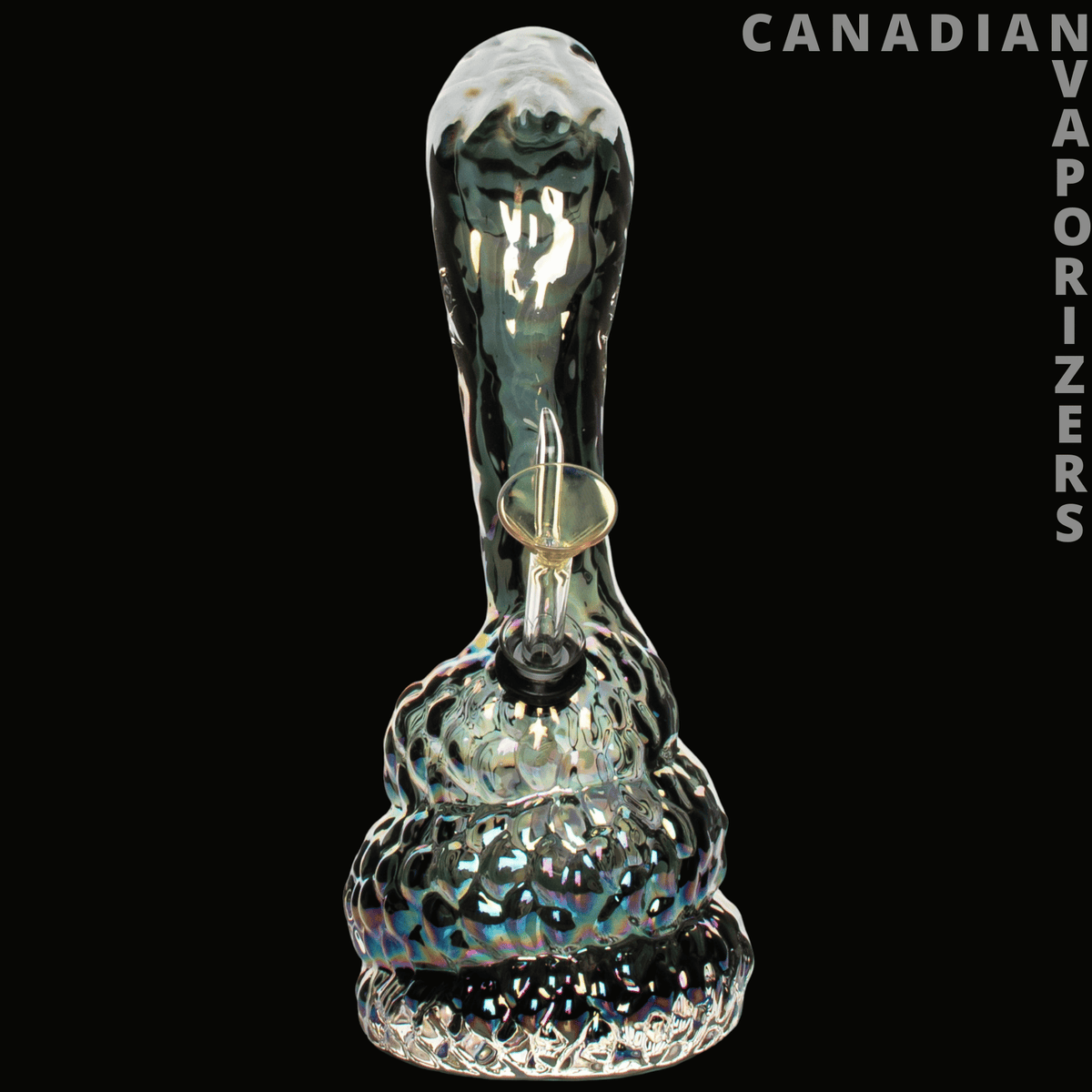 Retro Glass 10" Platinum Metallic Cobra Water Pipe - 10-inch retro glass water pipe with a sculpted cobra neck and iridescent platinum metallic finish.