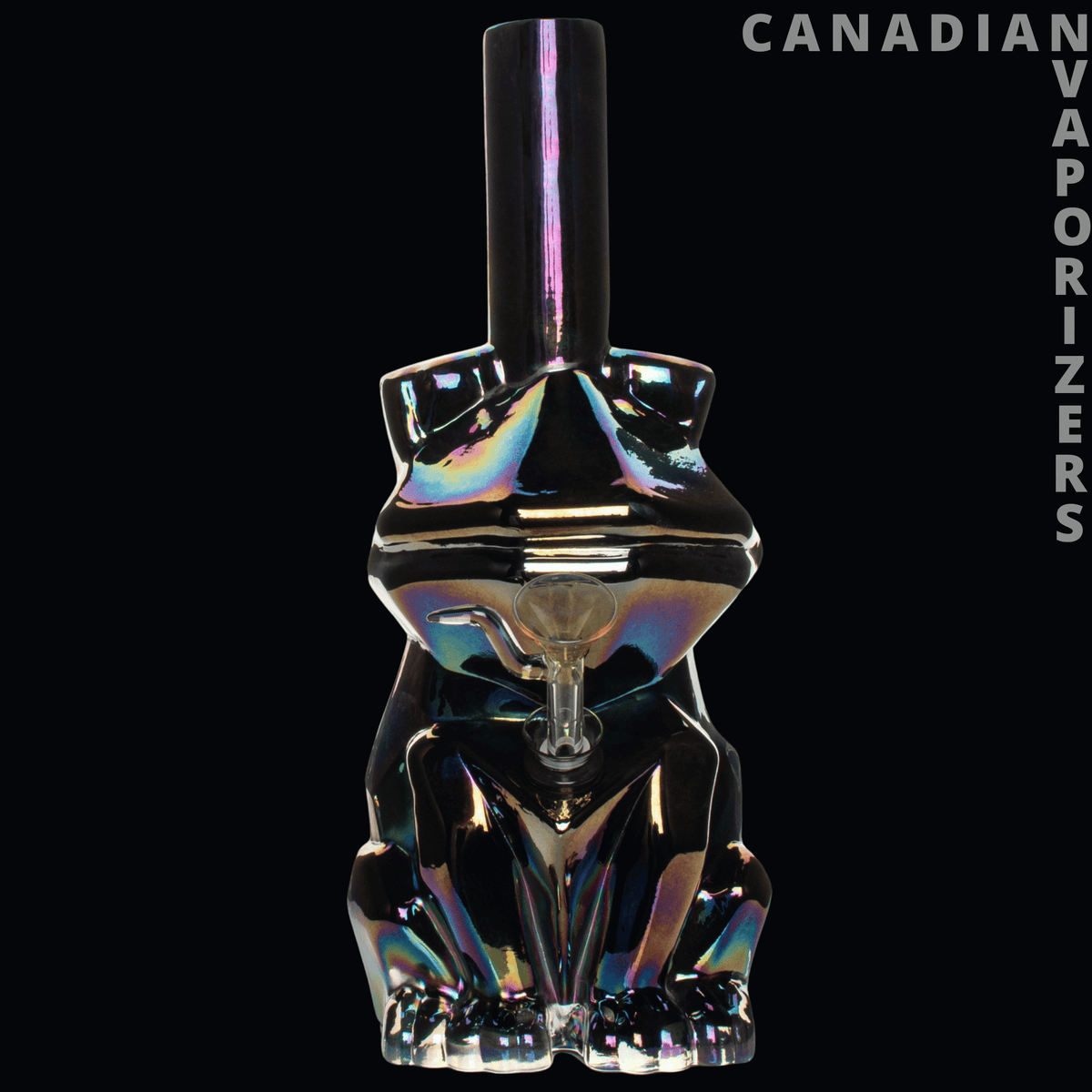 Retro Glass 10" Platinum Metallic Frog Water Pipe - Iridescent platinum glass frog water pipe with a tall vertical mouthpiece and sculpted body.