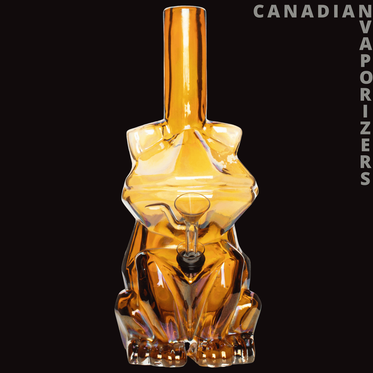 Retro Glass 10" Platinum Metallic Frog Water Pipe - Amber glass water pipe shaped like a frog, with sculpted eyes, legs, and a tall cylindrical neck.