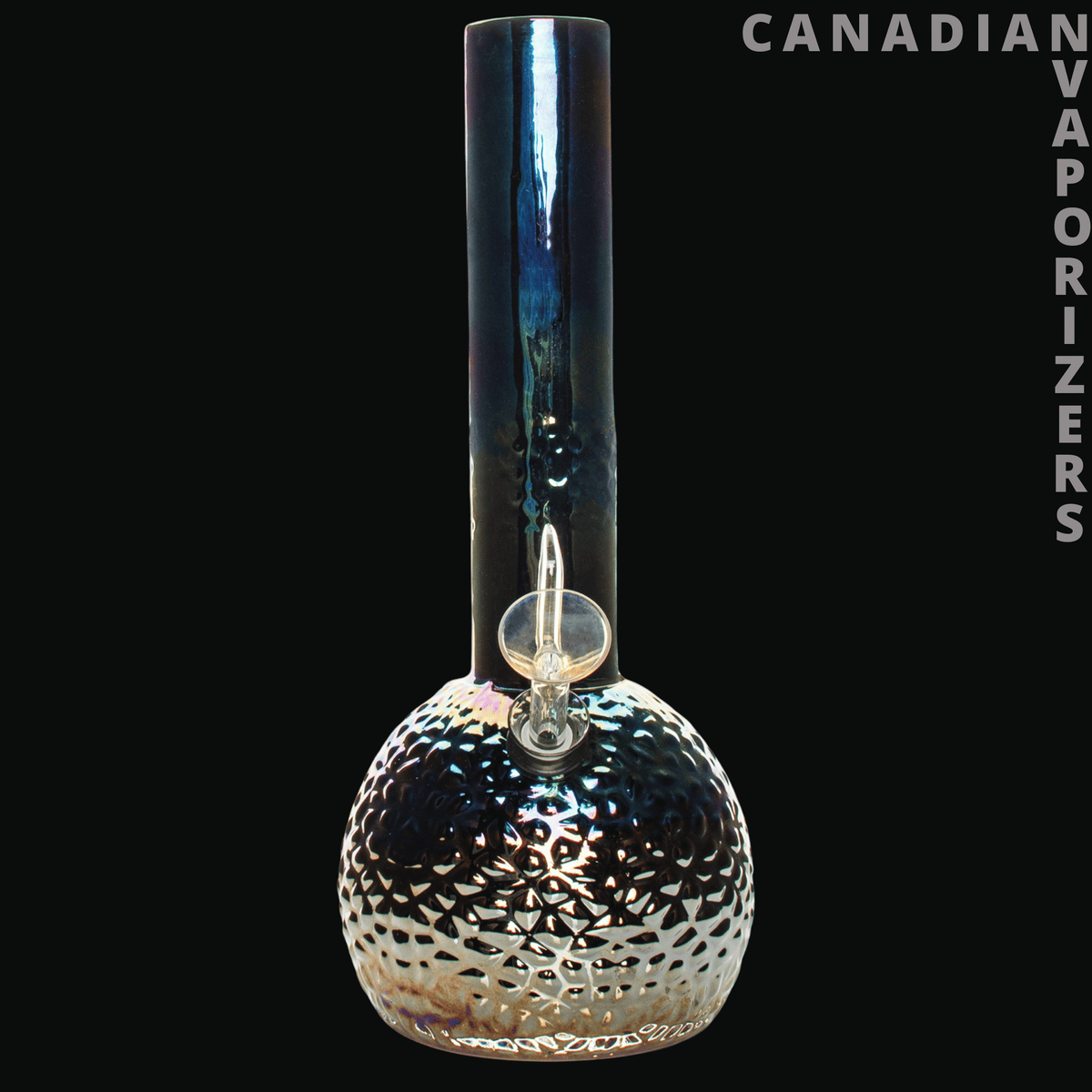 Retro Glass 10" Platinum Metallic Hammered Bubble Base Water Pipe - Black glass water pipe with a tall cylindrical neck and rounded hammered bubble base in iridescent metallic tones.