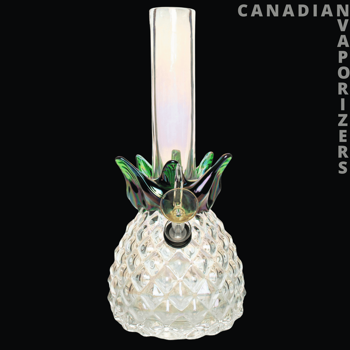 Retro Glass 10" Platinum Metallic Pineapple Water Pipe - Clear textured glass pineapple water pipe with green glass leaves and a tall platinum-toned stem.