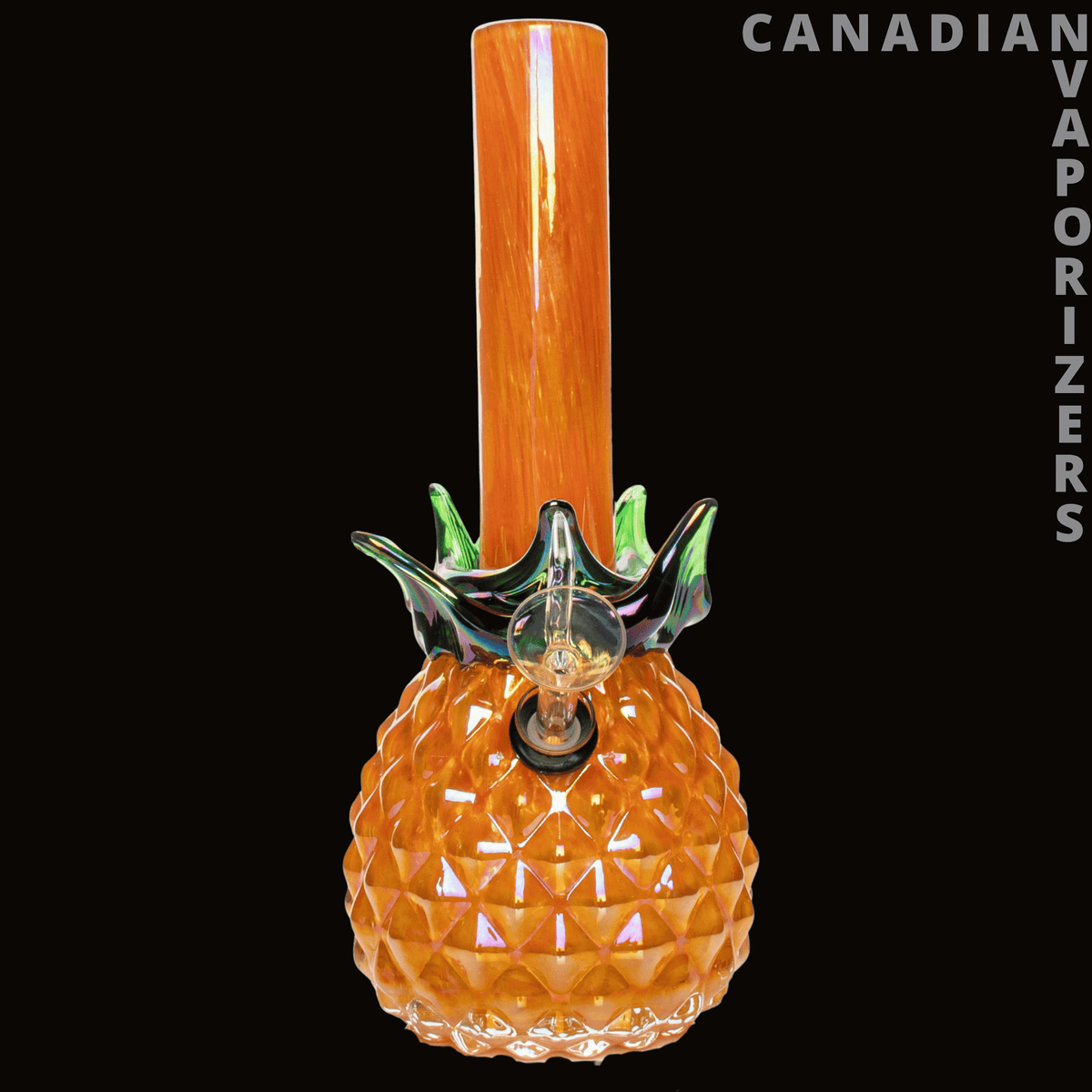 Retro Glass 10" Platinum Metallic Pineapple Water Pipe - Amber glass pineapple water pipe with textured geometric body, green crown accents, and tall orange neck.