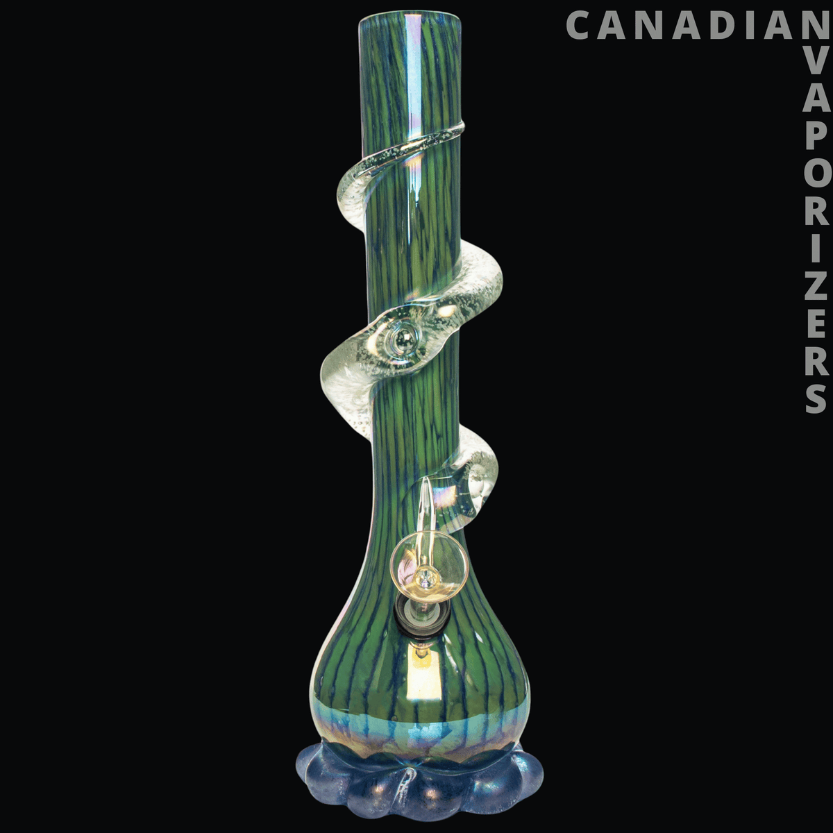 Retro Glass 12" Glow-in-the-Dark Bubble Base Water Pipe - 12-inch green-and-blue glass water pipe with a twisted clear neck and scalloped bubble base.