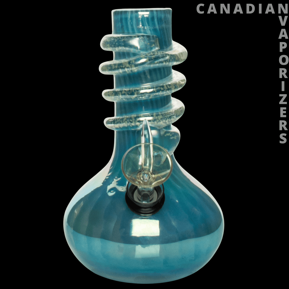 Retro Glass 7" Glow-in-the-Dark Wide Bubble Base Water Pipe - Translucent aqua glass water pipe with a wide bubble base and sculpted spiral neck.