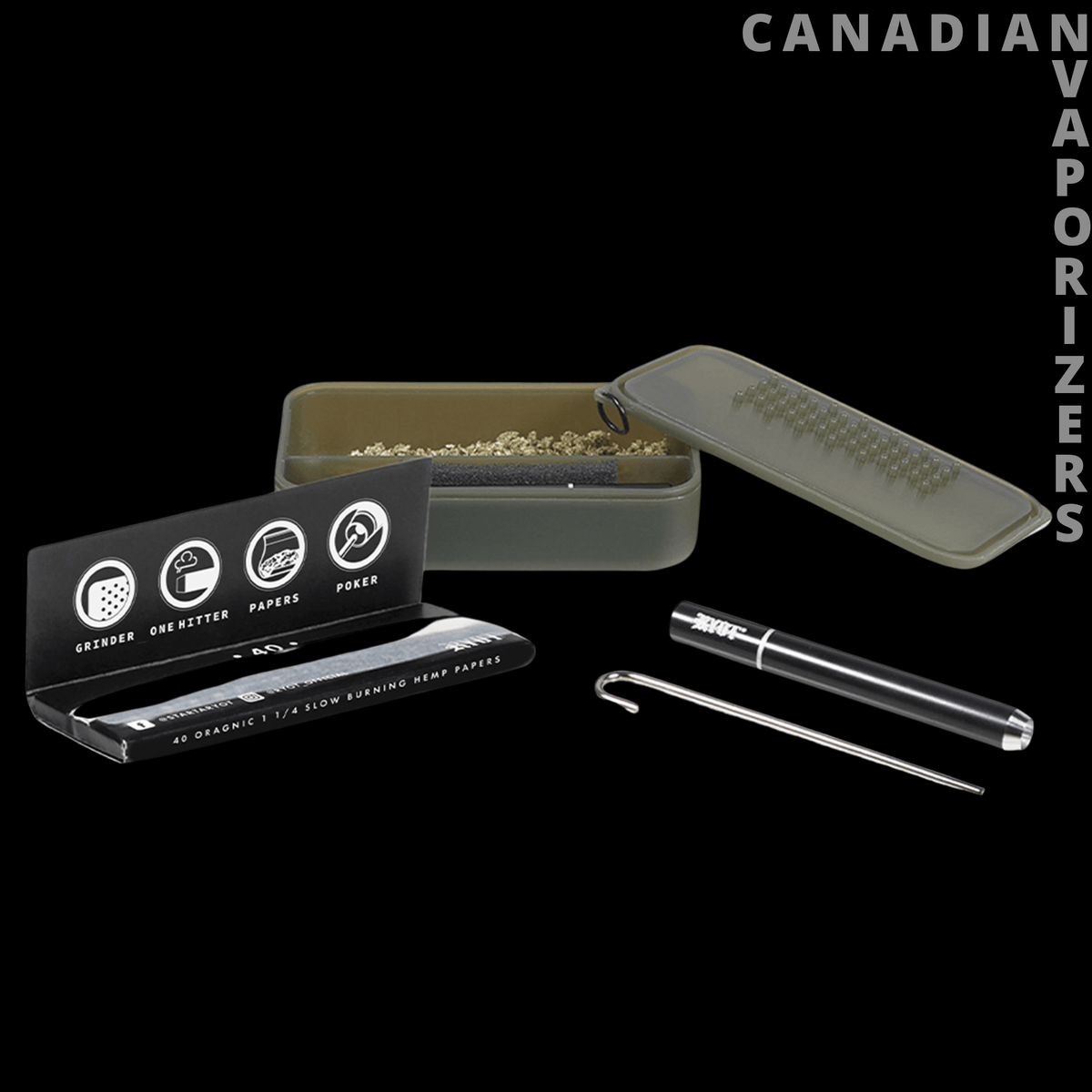 Ryot Snapper (Assorted) - Ryot Snapper set with a slim black metal case, olive-green tin, and stainless steel tools.