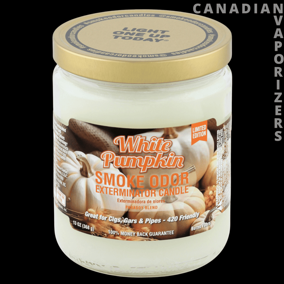 Smoke Odor Exterminator 13Oz Candle - White Pumpkin Smoke Odor Exterminator candle in a glass jar with a gold lid and autumn-themed label.