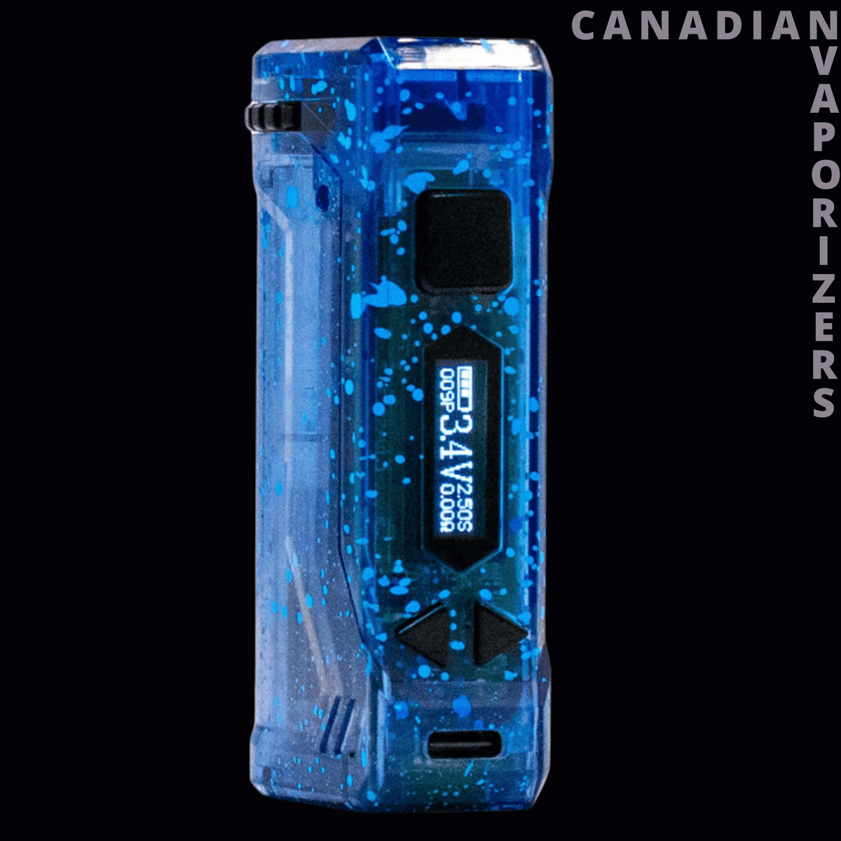 Yocan Wulf Mods Uni Pro X-Ray Series 510 Battery - Blue translucent 510 battery with a marbled X-ray design, digital display, and adjustable control buttons.