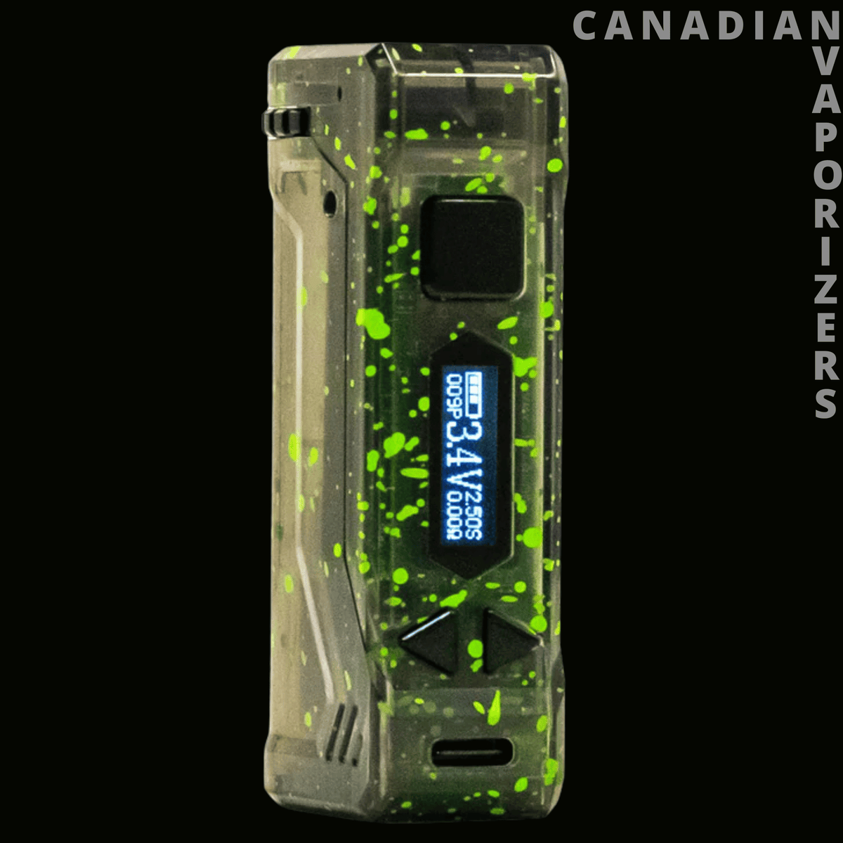 Yocan Wulf Mods Uni Pro X-Ray Series 510 Battery - Granite Yocan Uni Pro X-Ray 510 battery with neon green splatter, blue OLED display, and compact rectangular design.