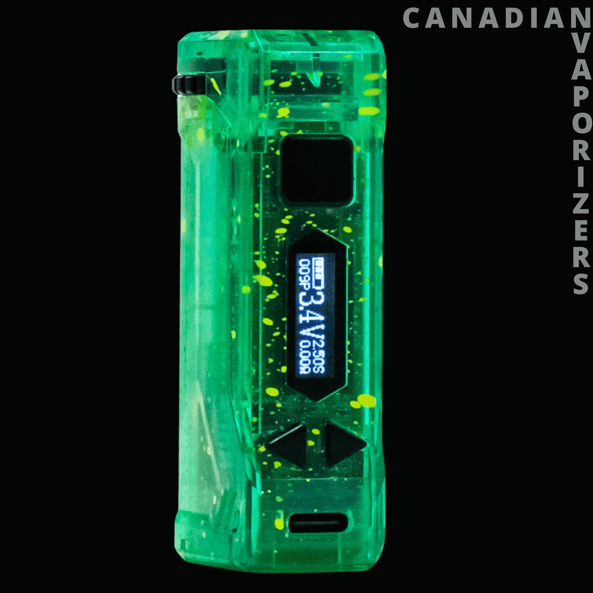 Yocan Wulf Mods Uni Pro X-Ray Series 510 Battery - Translucent emerald-green 510 battery with a visible circuit pattern, digital display, and black control buttons.